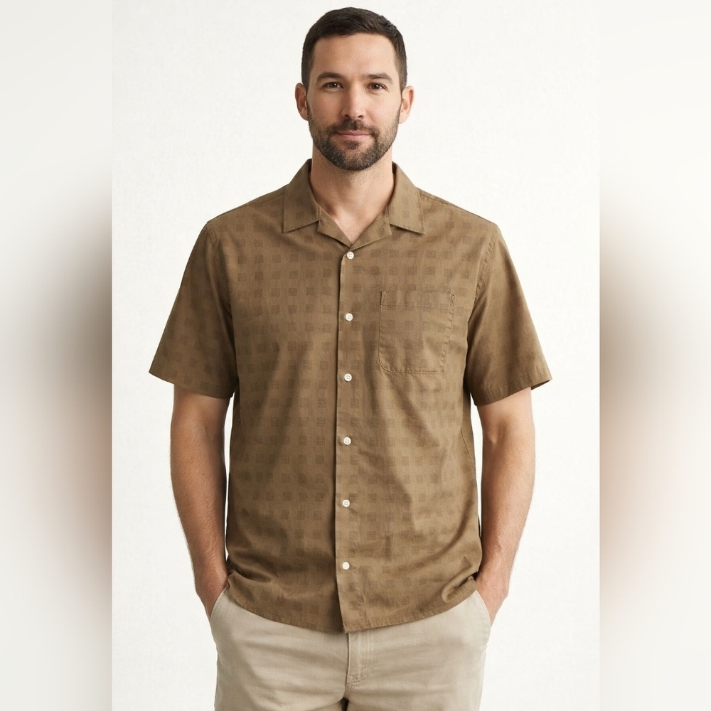 BNWT Mutual Weave Men's Short Sleeve Cotton Shirt S Olive Textured Camp Collar
